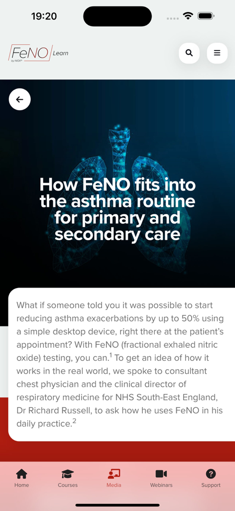 Tela educacional do aplicativo FeNO Learn explicando a integração dos testes de FeNO nas rotinas de tratamento da asma para profissionais de saúde.