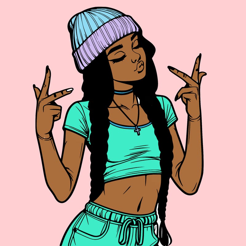 realistic teenage girl with braids and a beanie and crop top doing 🫶🏼