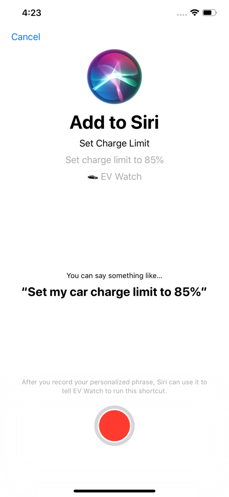 Oberfläche zum Hinzufügen eines Siri Shortcuts zum Einstellen des Tesla-Ladegrenzwerts über die EV Watch App.