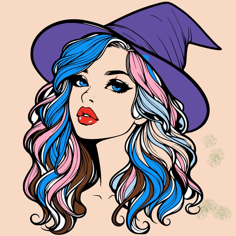 realistic witch girl with wavy hair and lips