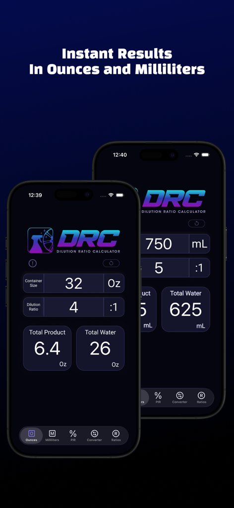 DRC - Detailing Calculator - Interfaz de la aplicación DRC Detailing Calculator mostrando resultados de proporciones de dilución en onzas y mililitros en dos teléfonos móviles