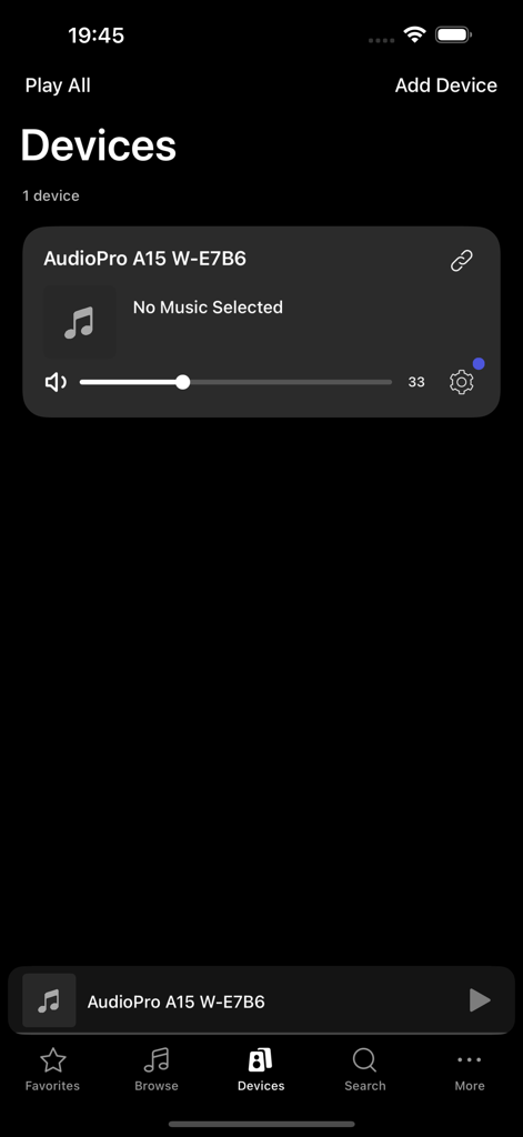 audio pro W - La pantalla de gestión de dispositivos de la aplicación Audio Pro W que muestra un altavoz conectado y una barra de control de volumen.