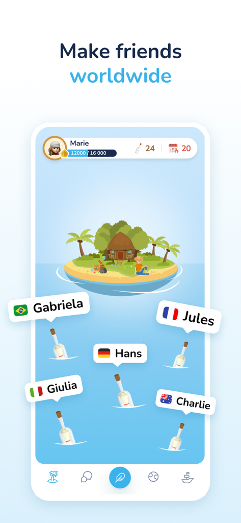 Screenshot of the Bottled app showing floating message bottles from users across different countries like Brazil, France, and Germany.