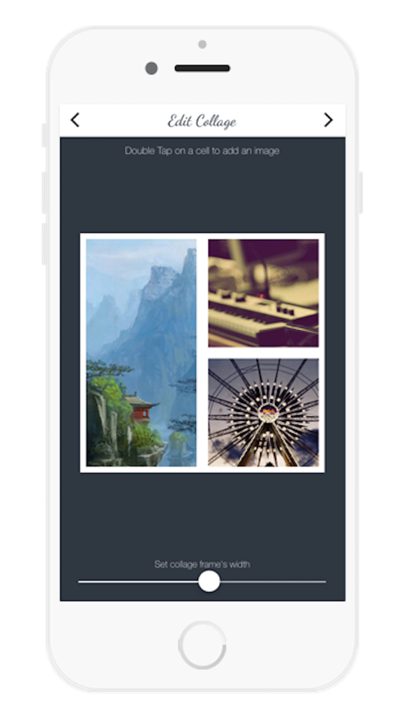 المصمم العربي للكاميرا - A mobile interface for the Arabic Camera Designer app showing a collage of three photos being edited with a frame width slider.
