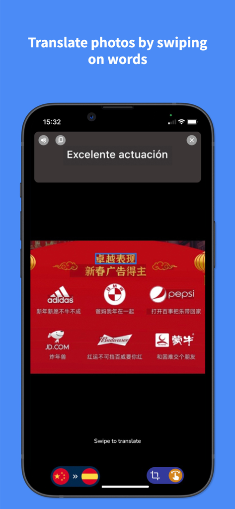 Voice Translator : Language + - Smartphone screen showing the photo translation feature converting Chinese text on an image into Spanish