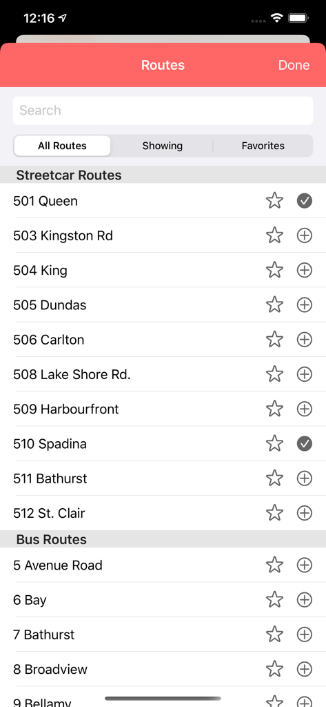 TTC Watch for Toronto - A list of Toronto streetcar and bus routes in the TTC Watch app interface