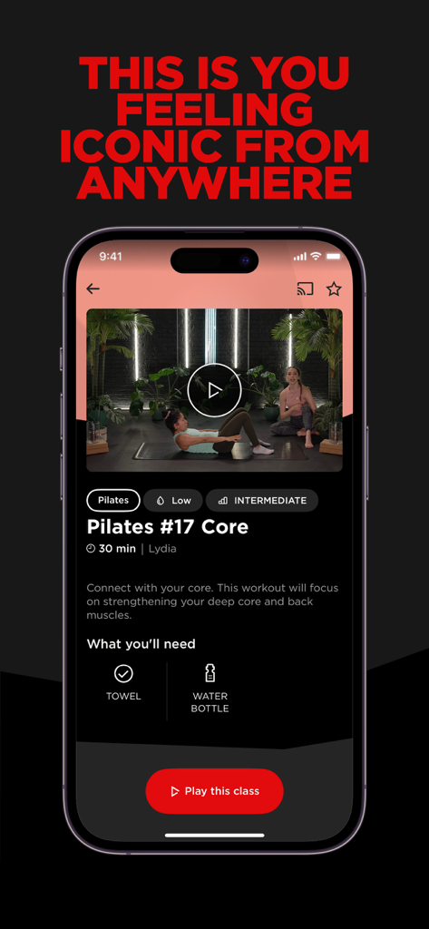 Um smartphone exibindo um treino de core de Pilates on-demand na app Virgin Active SA.
