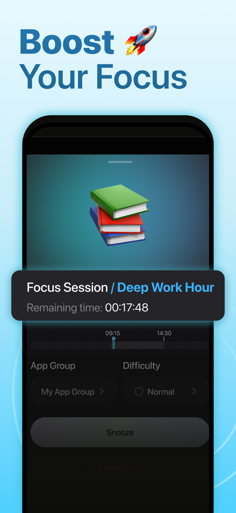 LIMIT: Screen Time Control - Interface of LIMIT app showing a Deep Work Hour focus session with a remaining time countdown