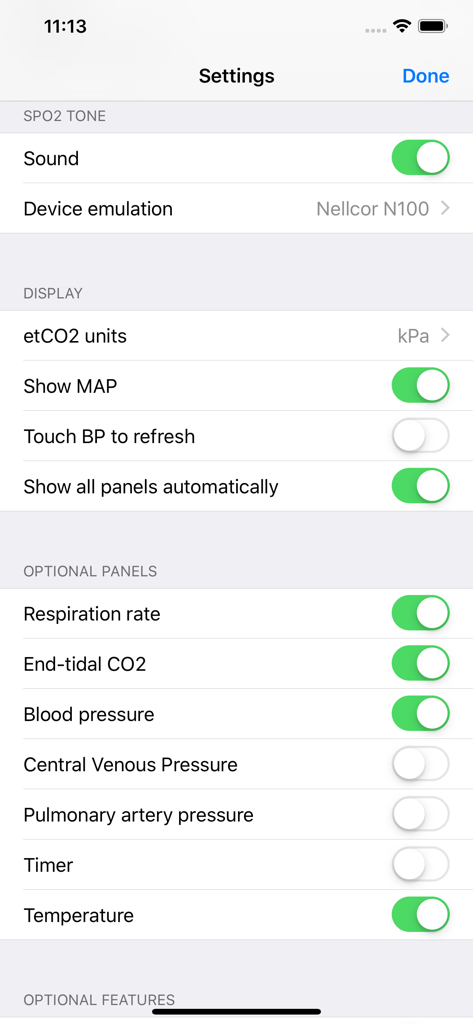 SimMon - Settings screen of SimMon app showing configuration options for medical simulation monitors including vital signs and display panels.