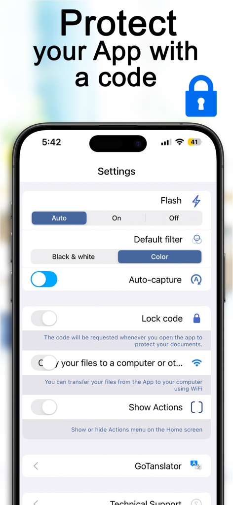 Scanner Translator ترجمه مترجم - Menú de configuración de la aplicación Traductor Escáner mostrando la función de código de bloqueo y opciones de protección de documentos