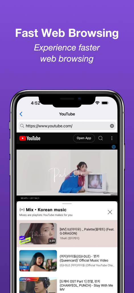 YouTubeが開かれたTorrent Browserアプリでの高速Webブラウジングを示すiPhone画面。