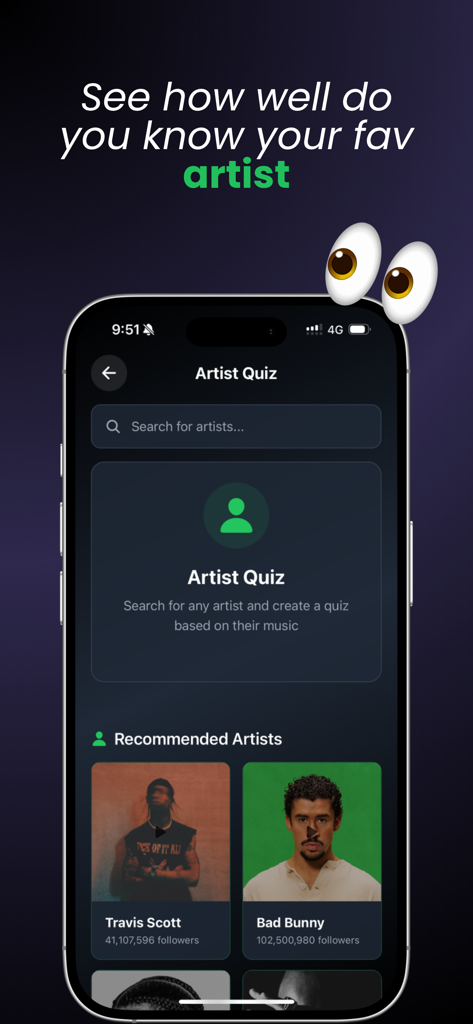Spotiguess app interface showing the artist quiz search and recommended artists like Travis Scott and Bad Bunny
