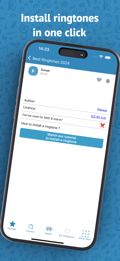 Interface showing ringtone installation details and a tutorial button on an iPhone screen.