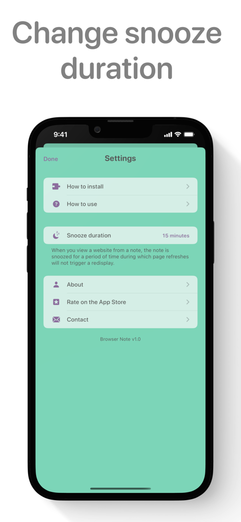 Settings screen of the Browser Note app showing the customizable snooze duration option for website reminders.