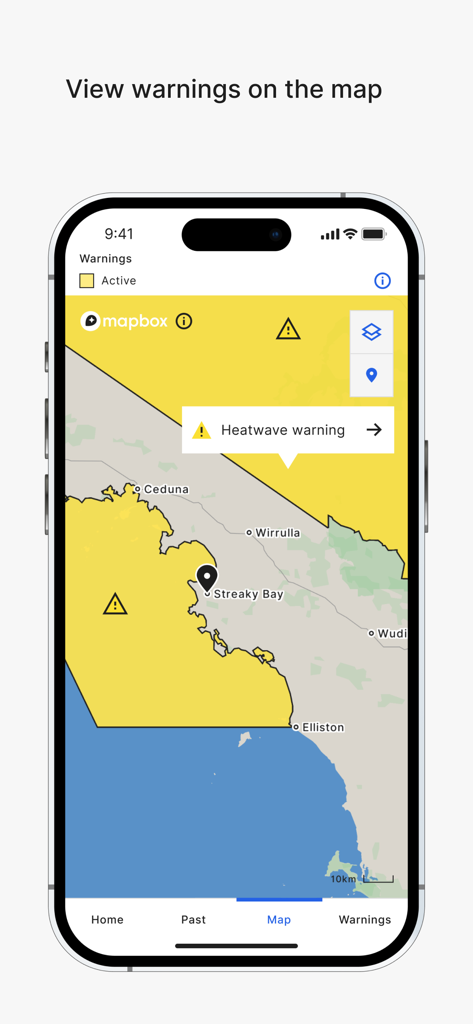 BOM Weather app interface displaying a map with a heatwave warning in Australia