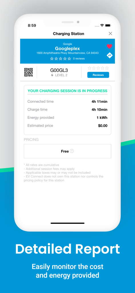 Detailed report screen in the EV Connect app showing real-time charging session status and energy provided.