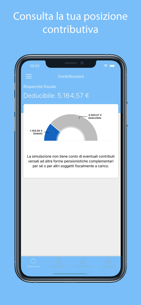 Fondoposte - Fondoposte 모바일 앱 인터페이스에 세금 공제 가능한 연금 기여금 차트와 재정 절감액 세부 정보가 표시됩니다.
