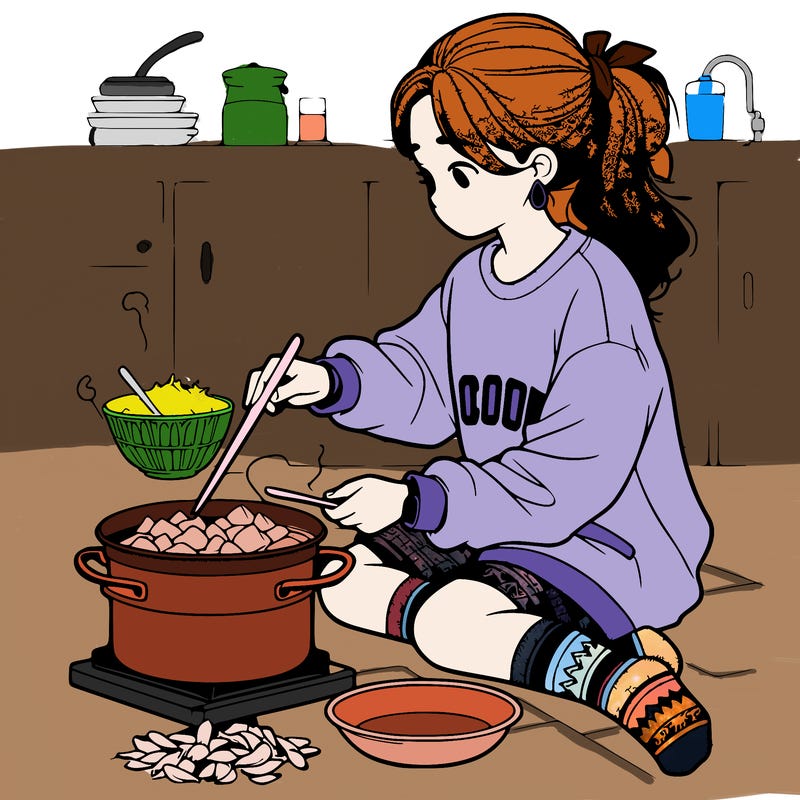 girl with sweatshirt and socks cooking, very realistic