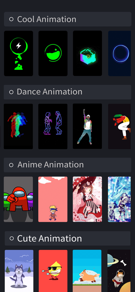 Una selección de temas de animación de carga que incluyen categorías geniales de anime de baile y lindas
