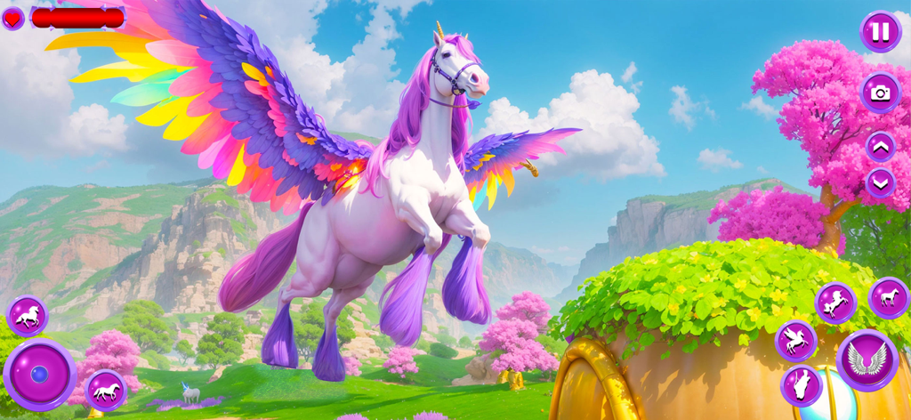 Princess Pet's Unicorn Horse - Un pegaso blanco con alas de arcoíris y crin morada volando en un paisaje de fantasía mágico.