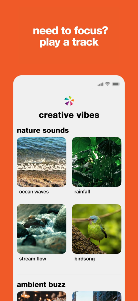 Brainsparker Creativity Coach - Brainsparker app screen displaying a selection of nature sounds and ambient tracks to help users focus.