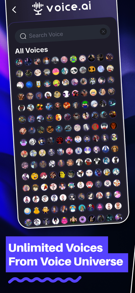 Voice.ai: Voice Changer - Interface of Voice.ai app showing a grid of thousands of user-generated voice icons in the Voice Universe.