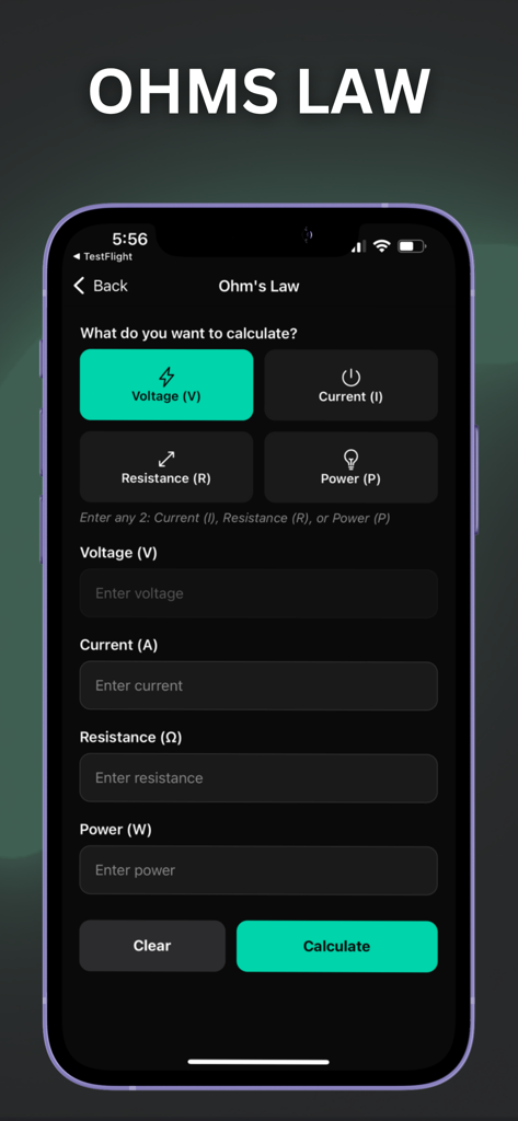 Oberfläche des Ohmschen Gesetzes-Rechners auf dem Bildschirm einer mobilen App mit Eingabefeldern für Spannung, Strom, Widerstand und Leistung