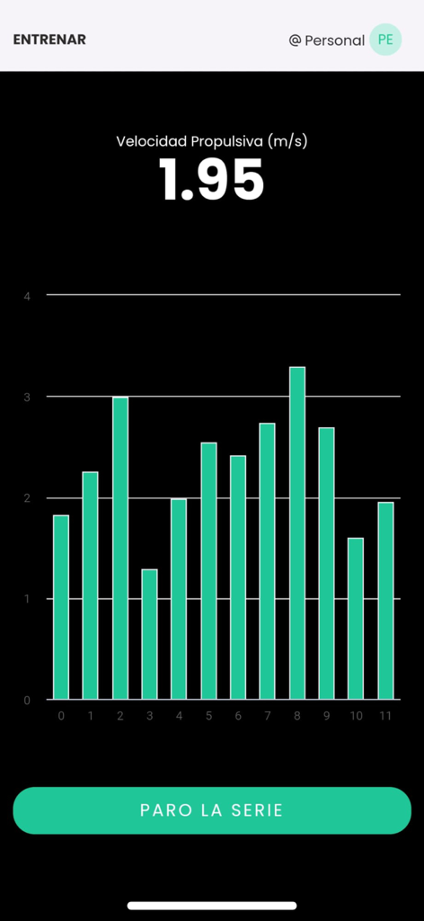 ADR System - A real-time bar chart within the ADR System app displaying propulsive velocity metrics in meters per second for a weightlifting set.