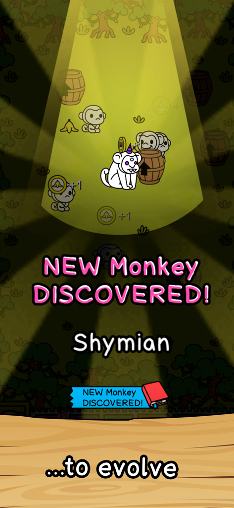 A game screen from Monkey Evolution Merge showing the discovery of a new white monkey named Shymian under a spotlight.