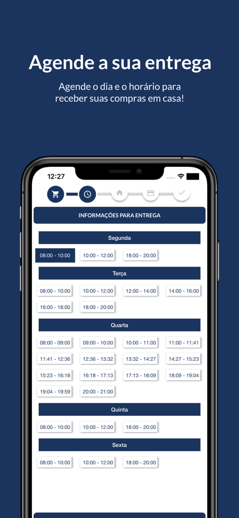 Casa Garcia Gourmet - Tela do aplicativo Casa Garcia Gourmet mostrando opções de agendamento de entrega com datas e horários disponíveis