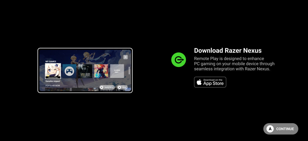 Razer PC Remote Play - Pantalla de incorporación de Razer PC Remote Play sugiriendo la descarga de la aplicación Razer Nexus para juegos fluidos