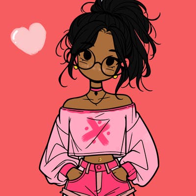 girl with a messy ponytail glasses a baggy crop top and jean shorts