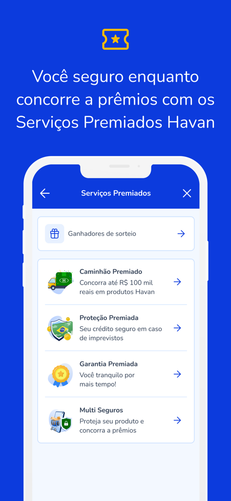 Havan app screen displaying various insurance and prize services.