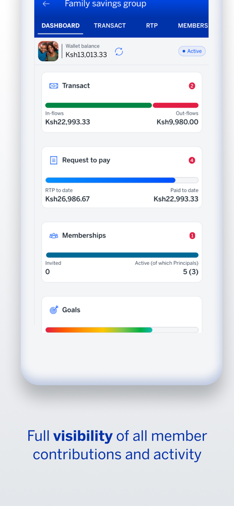 Stanbic Chama App dashboard showing group savings activity and member contributions