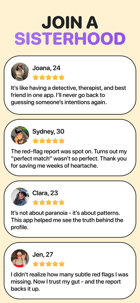App screenshot showing user testimonials with five star ratings highlighting dating safety features and community support