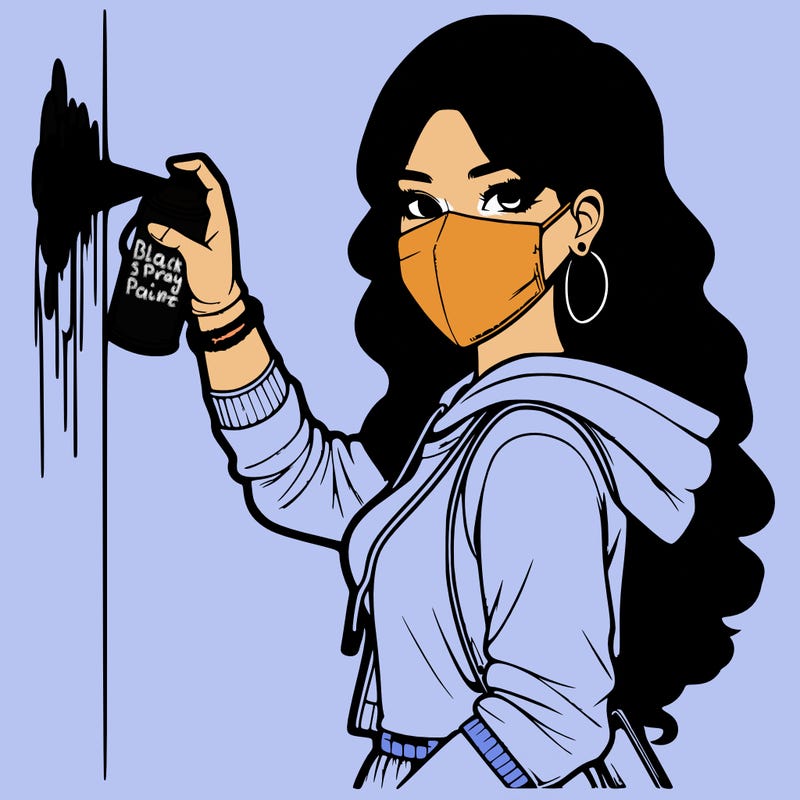 realistic girl with mask spray painting a wall