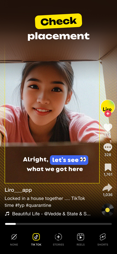 可視性を確保するためにTikTokの動画キャプション配置プレビューを示すLiroアプリのインターフェース