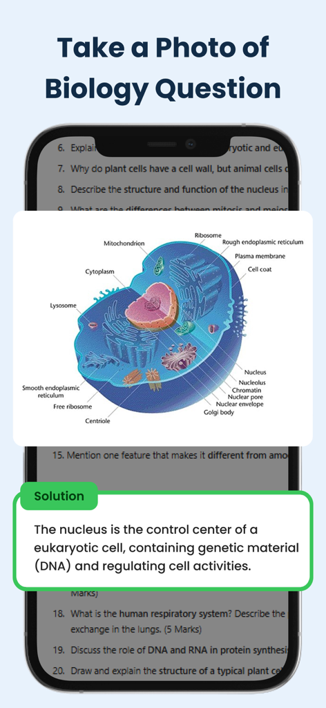 Interface de aplicativo de dever de casa com IA mostrando uma solução de biologia com um diagrama celular rotulado e explicação em texto.