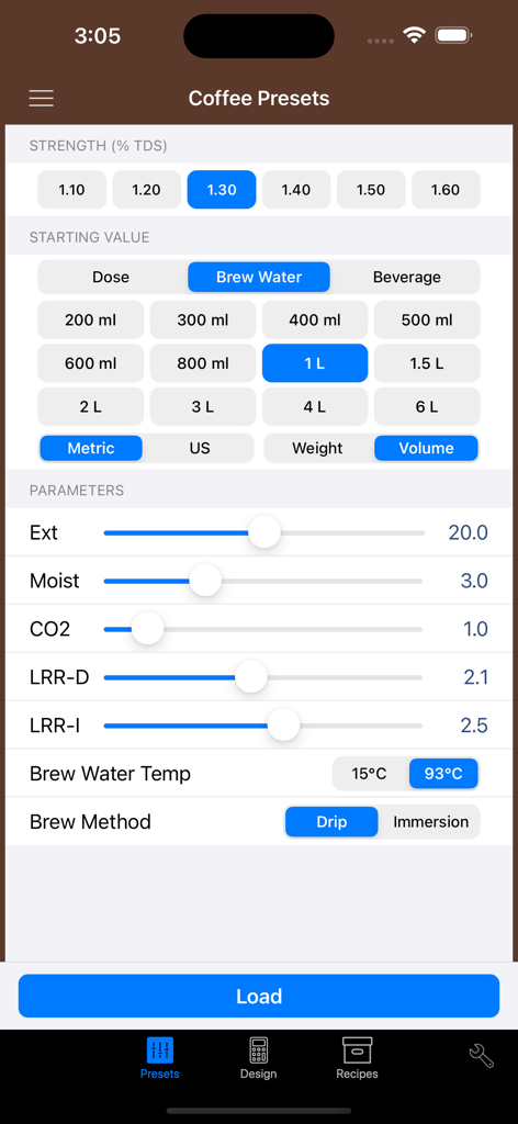VST CoffeeTools PRO app interface showing coffee presets and brewing parameters including TDS strength and extraction yield