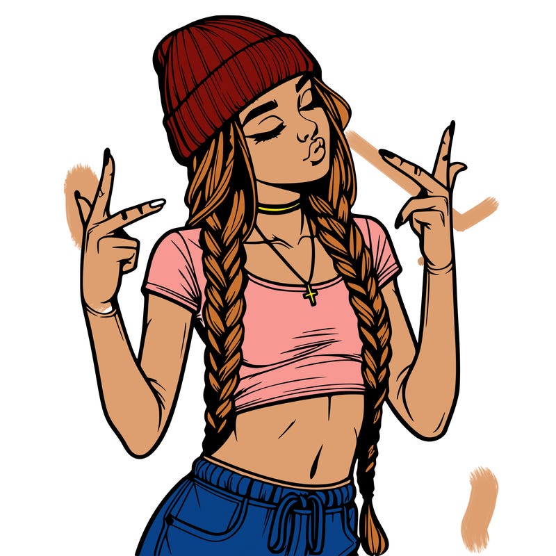 realistic teenage girl with braids and a beanie and crop top doing 🫶🏼