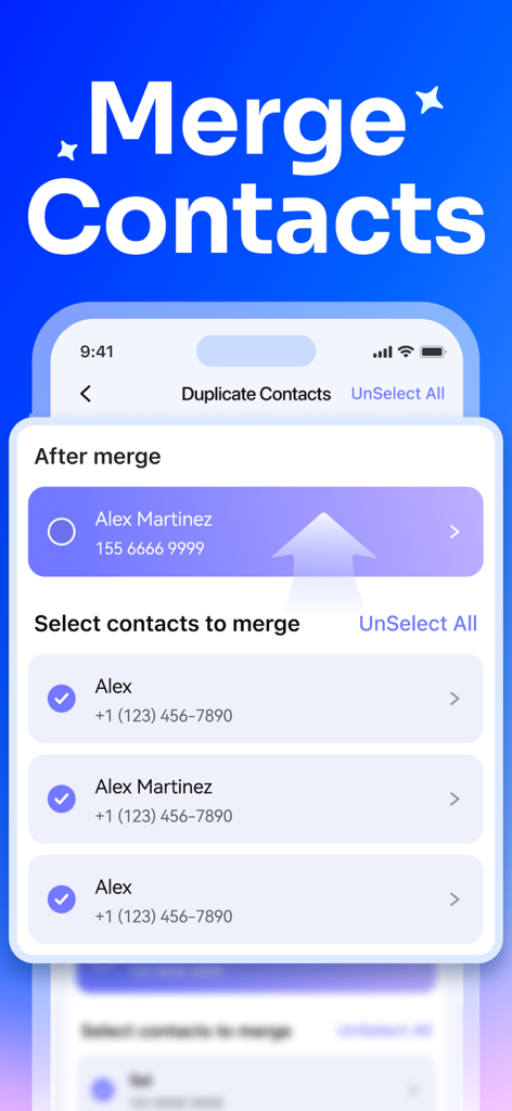 MobileClean - Photo Cleaner - Interfaz de la aplicación MobileClean que muestra el proceso de fusión de contactos telefónicos duplicados