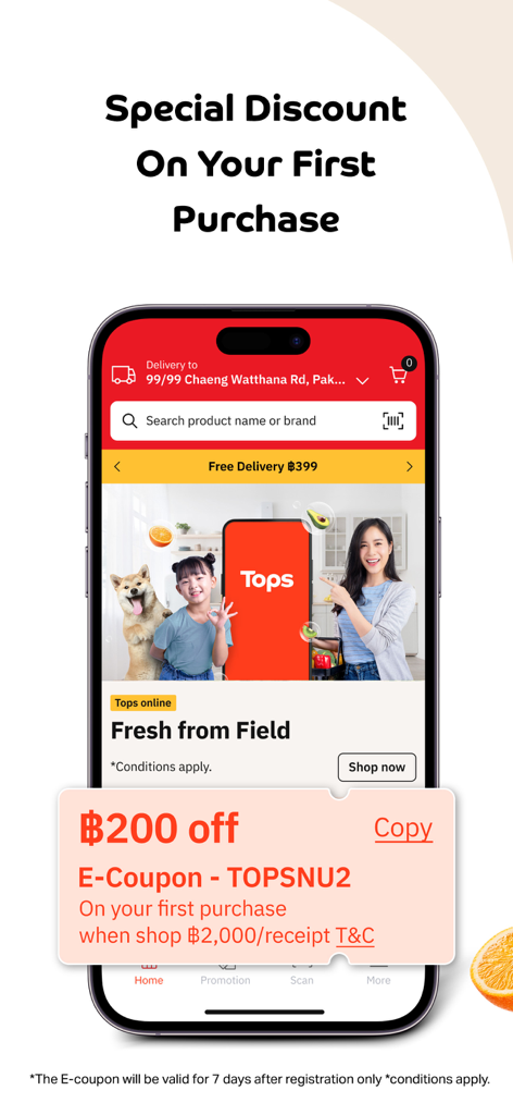 Smartphone screen showing the Tops Online app interface with a 200 Baht discount coupon for the first grocery purchase