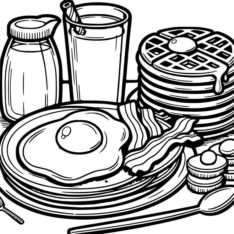 a breakfast with pancake fried eggs bacons milk waffles