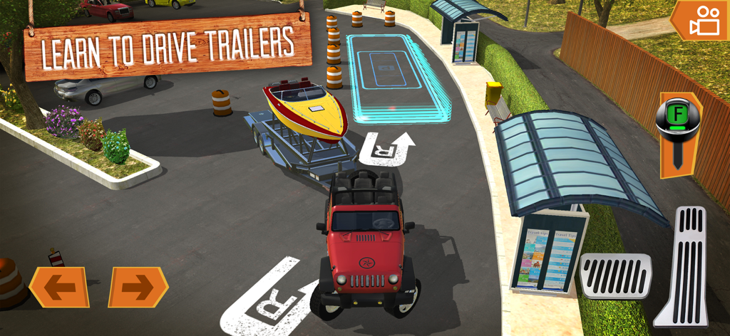 A red jeep towing a boat on a trailer in a parking simulation game with on screen driving controls.