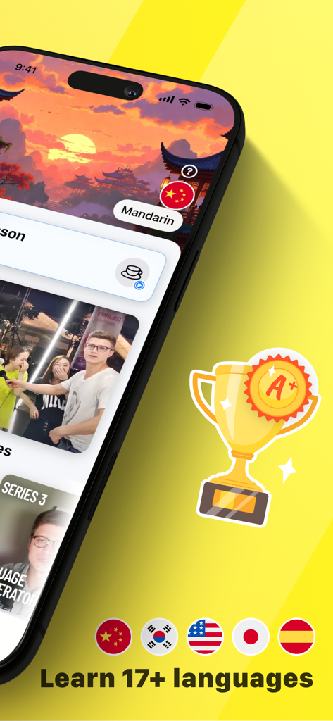 Interfaz de la aplicación Victor AI que muestra un curso de mandarín e íconos de más de 17 idiomas diferentes