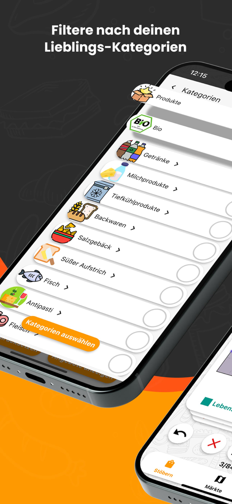 モバイルアプリの画面。BioやBakeryのようなさまざまな食料品カテゴリーが表示され、スーパーマーケットのお得な情報をフィルタリングできる。