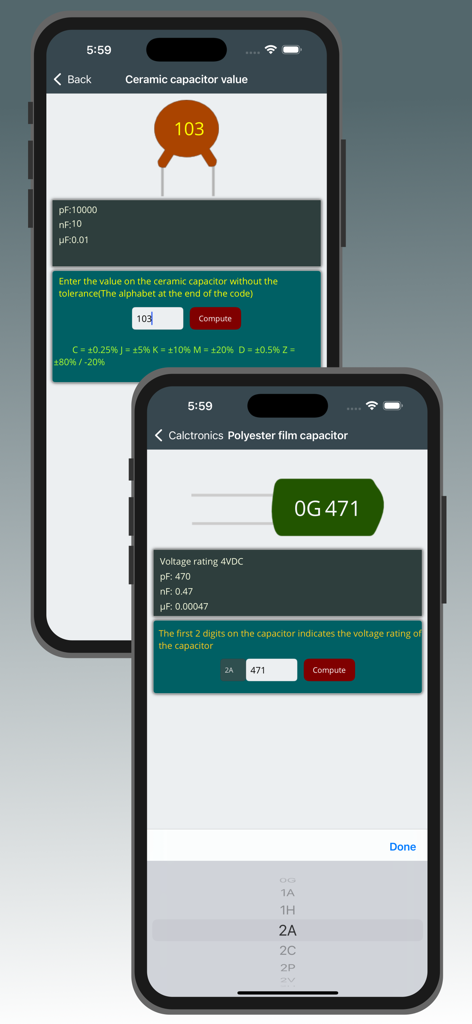 Electrocalc - electronics App - Electrocalc app screens showing ceramic and polyester film capacitor value calculators.