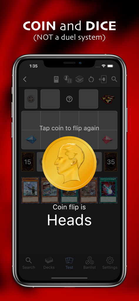 Yugipedia Deck Builder - Yugipedia Deck Builder app screenshot showing a coin flip result of Heads on the Test Field screen