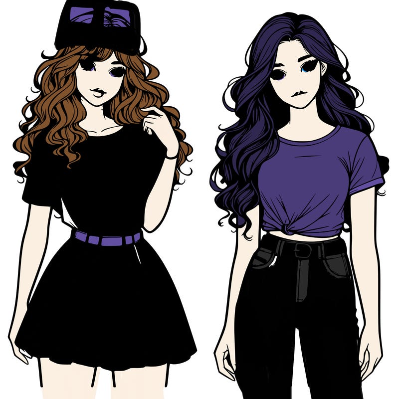 two realistic girls one in a t-shirt and a skirt one in t-shirtand jeans both with long curly hair