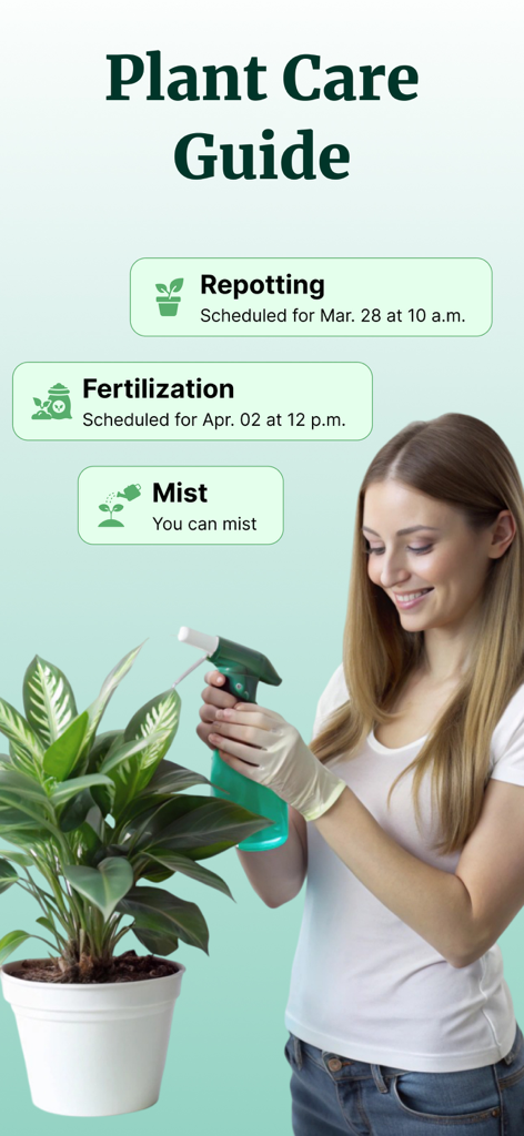 Une femme vaporisant une plante d'intérieur avec des rappels programmés pour le rempotage et la fertilisation.